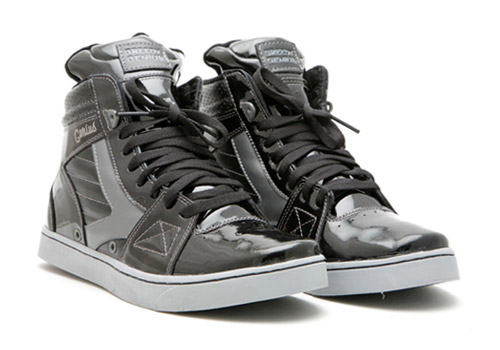  the Cool Breeze high tops sport a black patent leather upper alongside 